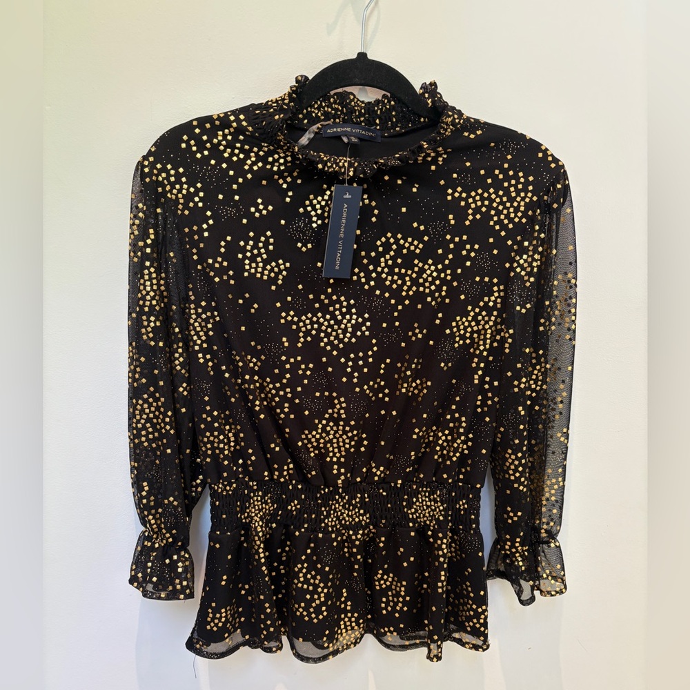 Adrienne Vittadini Black Blouse with Gold Dots